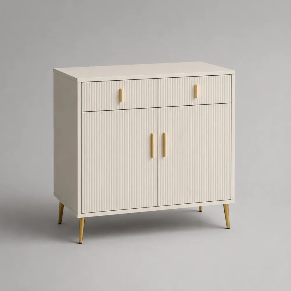 Scarpiera rettangolare in MDF e acciaio con 2 ante, 2 cassetti e frontali scanalati, bianca e oro, 80 x 35 x 100 cm