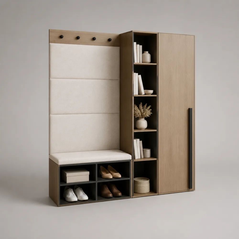 Mobile da ingresso rettangolare in truciolare e MDF effetto rovere naturale, beige e nero con guardaroba, panca, scarpiera e appendiabiti, 160 × 40 × 190 cm