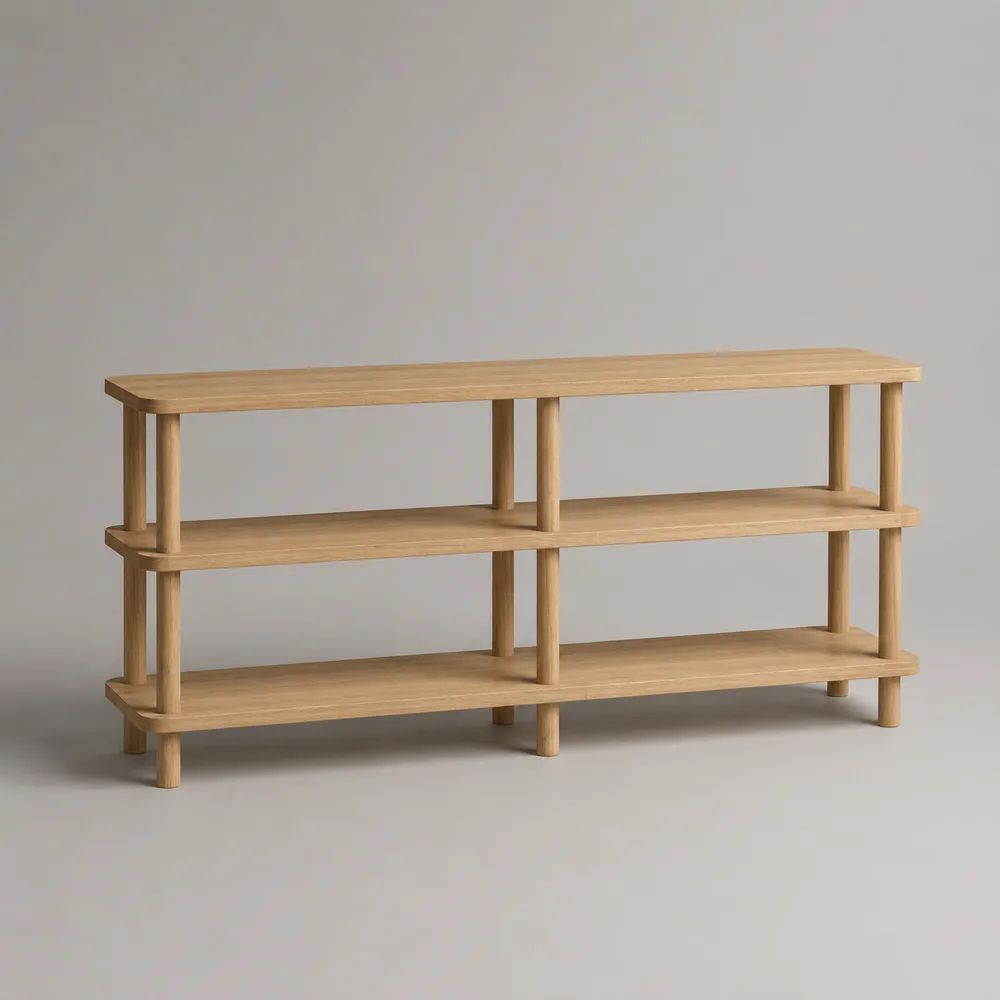 Consolle rettangolare a 3 ripiani in MDF impiallacciato rovere e legno massello, rovere naturale, 140 x 35 x 80 cm