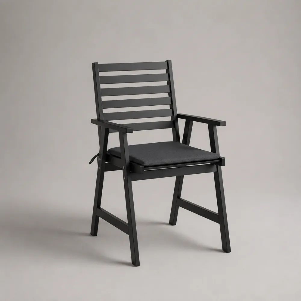 Sedia da giardino pieghevole in legno massello di acacia nero con braccioli e cuscino grigio scuro, 59 x 72 x 110 cm
