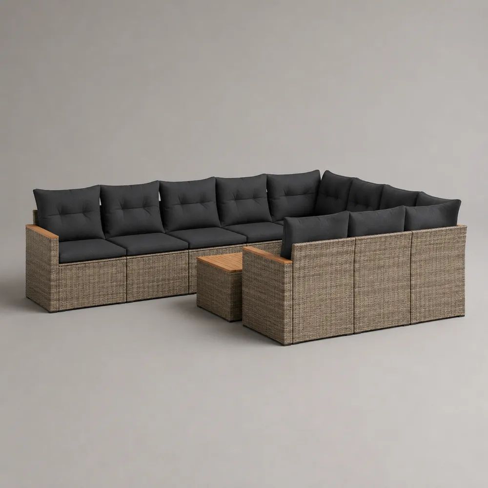 Set divano da giardino modulare da esterno 10 pezzi, 9 posti, in rattan PE tortora con cuscini antracite, 330 x 260 x 72 cm