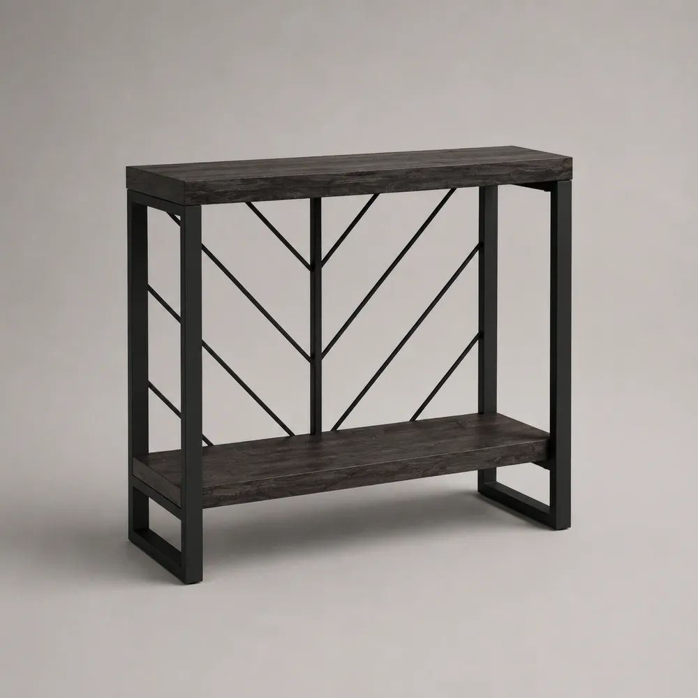 Consolle rettangolare in pannello truciolare e acciaio con 2 ripiani, marrone scuro e nero, 100 x 30 x 80 cm