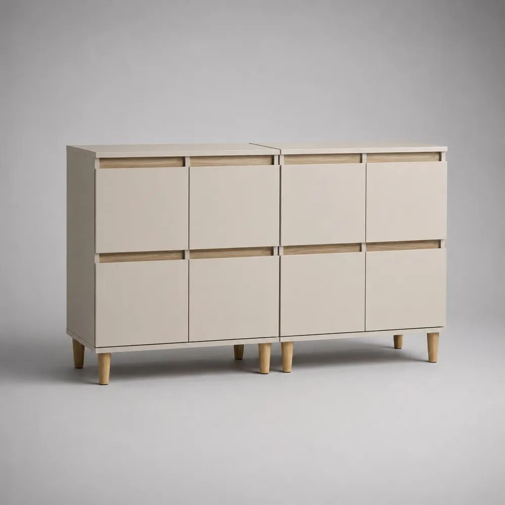 Set di 2 credenze in MDF melaminico con 8 ante, beige e rovere naturale, 80 x 35 x 95 cm ciascuna