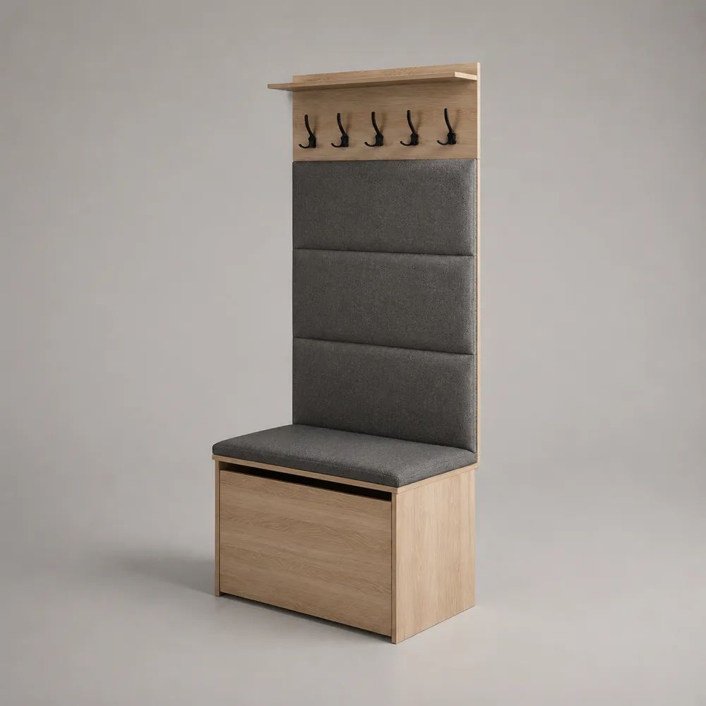 Mobile da ingresso in legno con panca contenitore, 5 ganci appendiabiti e schienale imbottito, rovere chiaro e grigio antracite, 80 x 40 x 190 cm