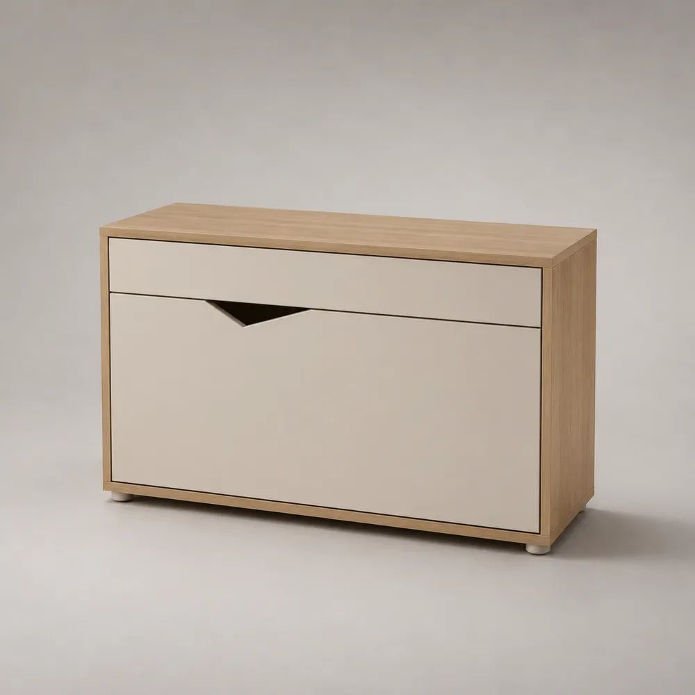 Scarpiera salvaspazio rettangolare in pannelli melaminici con 1 anta a ribalta e 1 cassetto, rovere chiaro e bianco, 100 x 24 x 80 cm