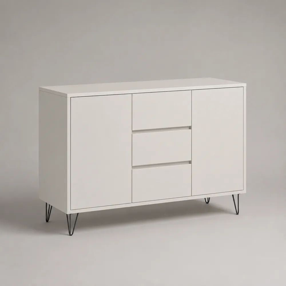 Credenza buffet rettangolare in pannello truciolare bianco con 2 ante, 3 cassetti e gambe in acciaio nero, 120 x 40 x 80 cm