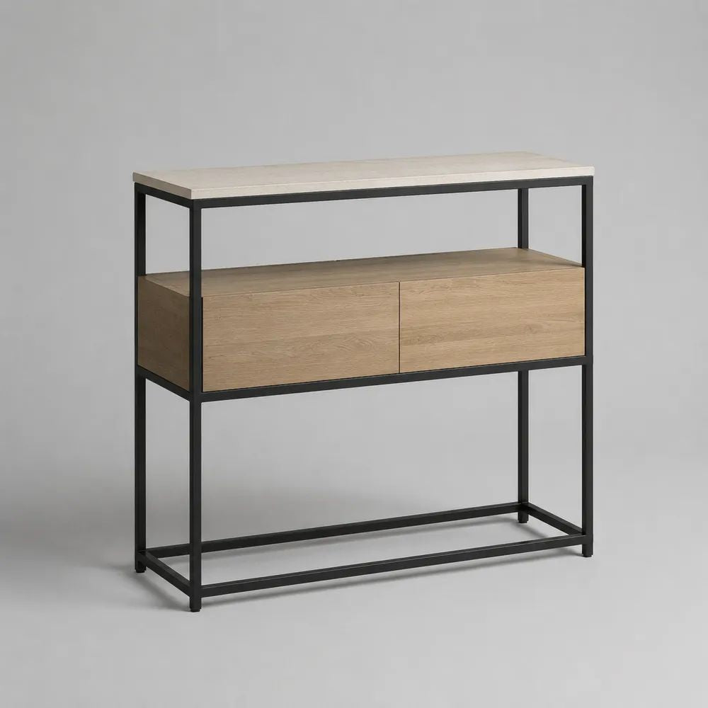 Consolle rettangolare in acciaio e pannelli melaminici con 2 cassetti, Nero/Rovere naturale/Bianco, 100 x 35 x 90 cm