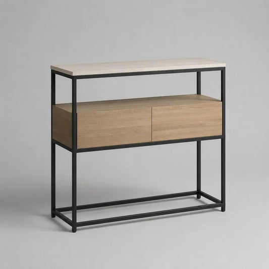 Consolle rettangolare in acciaio e pannelli melaminici con 2 cassetti, Nero/Rovere naturale/Bianco, 100 x 35 x 90 cm