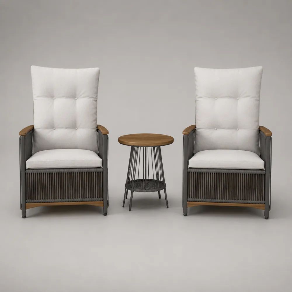 Set da esterno 3 pezzi con 2 poltrone e tavolino rotondo in acciaio, corda e legno, grigio antracite, bianco e marrone, poltrone 68 x 75 x 105 cm, tavolino Ø45 x 55 cm