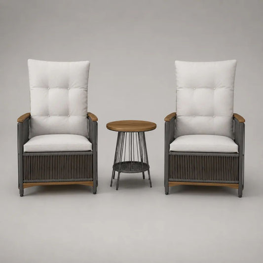 Set da esterno 3 pezzi con 2 poltrone e tavolino rotondo in acciaio, corda e legno, grigio antracite, bianco e marrone, poltrone 68 x 75 x 105 cm, tavolino Ø45 x 55 cm