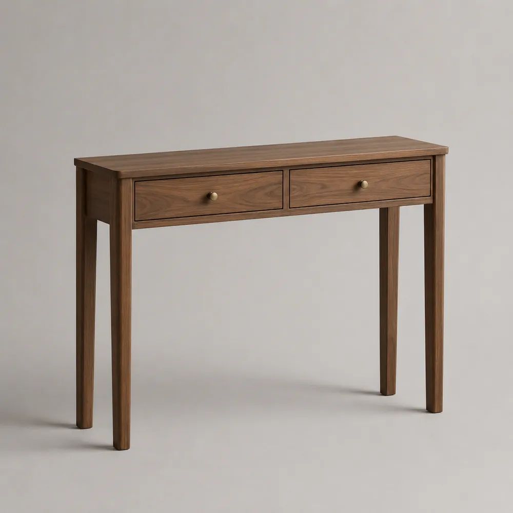 Consolle rettangolare in legno con 2 cassetti, marrone noce e ottone, 100 x 35 x 80 cm