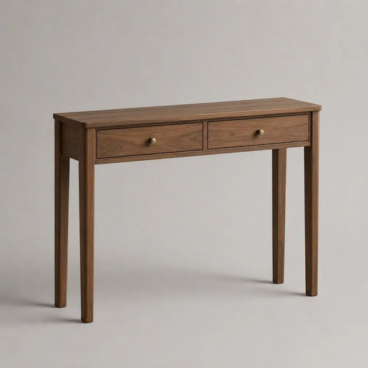 Consolle rettangolare in legno con 2 cassetti, marrone noce e ottone, 100 x 35 x 80 cm