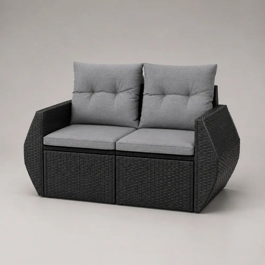 Divano da giardino a 2 posti in polyrattan PE e acciaio con cuscini antracite e grigio chiaro, 136 × 75 × 85 cm