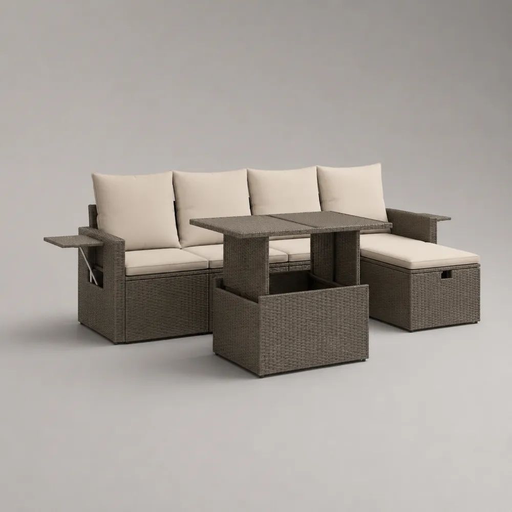 Set divano angolare da giardino a 4 posti con penisola contenitore e tavolo elevabile in rattan PE marrone, cuscini beige, 238 x 180 x 88 cm