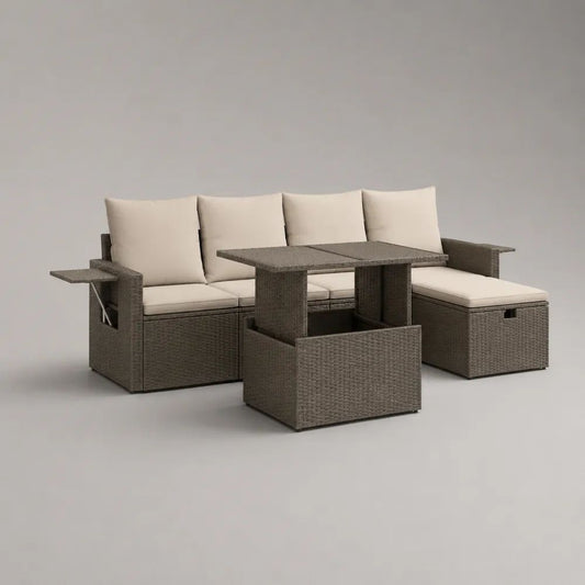 Set divano angolare da giardino a 4 posti con penisola contenitore e tavolo elevabile in rattan PE marrone, cuscini beige, 238 x 180 x 88 cm