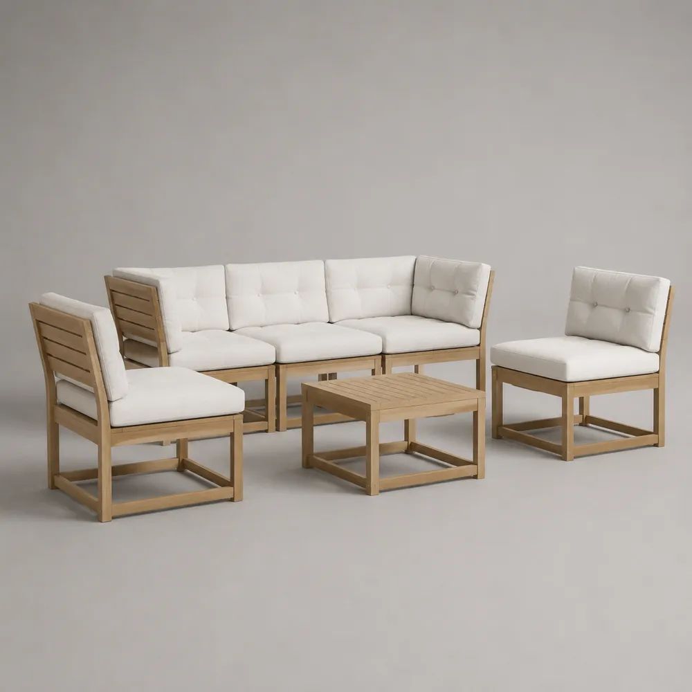 Set salotto da giardino 6 pezzi, 5 posti, in legno massello di acacia con cuscini bianchi, moduli da 62/70 x 70 x 72 cm e tavolino da 70 x 60 x 40 cm