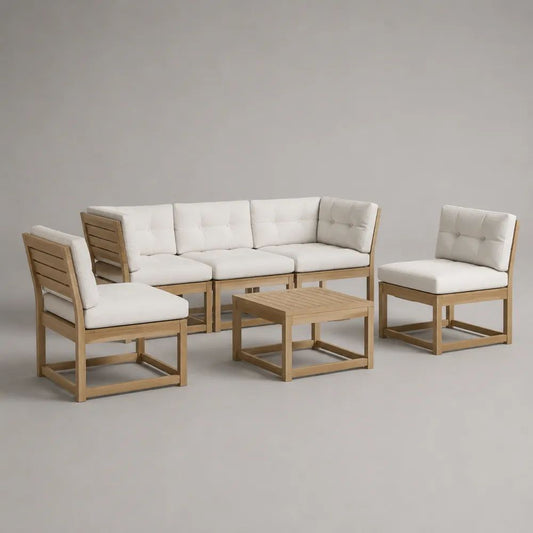 Set salotto da giardino 6 pezzi, 5 posti, in legno massello di acacia con cuscini bianchi, moduli da 62/70 x 70 x 72 cm e tavolino da 70 x 60 x 40 cm