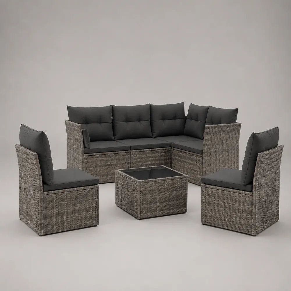 Set salotto da giardino 6 pezzi in polyrattan grigio con divano angolare a 4 posti, 2 poltrone e tavolino, 205 x 205 x 82 cm