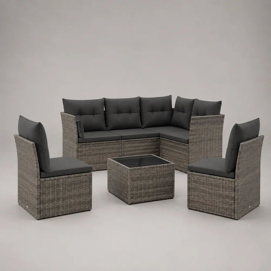 Set salotto da giardino 6 pezzi in polyrattan grigio con divano angolare a 4 posti, 2 poltrone e tavolino, 205 x 205 x 82 cm