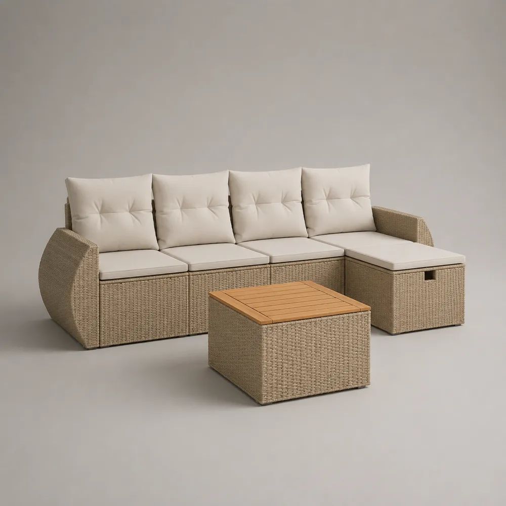 Set salotto da giardino 5 pezzi beige e crema con divano angolare 4 posti in rattan PE e tavolino in legno, 240 x 145 x 75 cm
