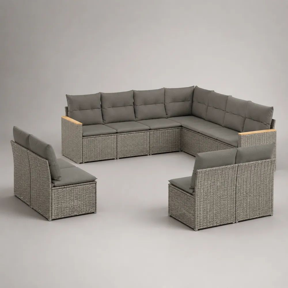 Set divano da giardino componibile a L 8 posti in rattan PE grigio chiaro e acciaio con cuscini tortora, 250 x 190 x 78 cm