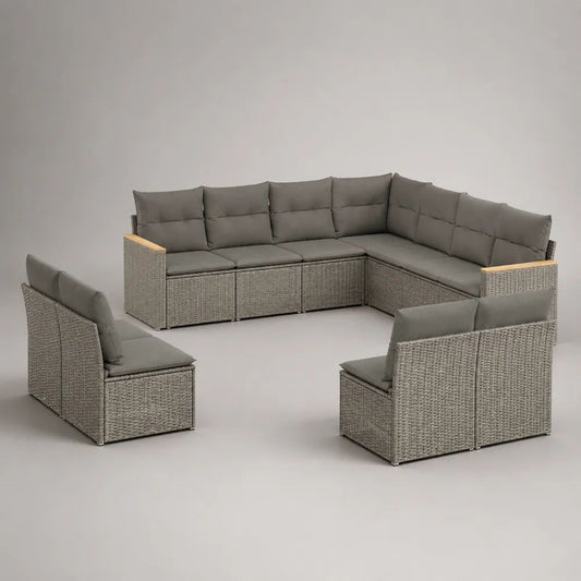 Set divano da giardino componibile a L 8 posti in rattan PE grigio chiaro e acciaio con cuscini tortora, 250 x 190 x 78 cm