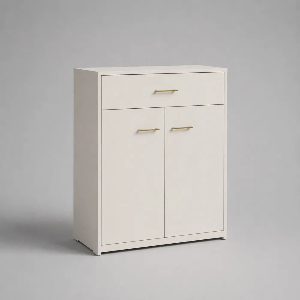 Scarpiera rettangolare in pannello truciolare bianco con cassetto e 2 ante, 80 × 35 × 110 cm