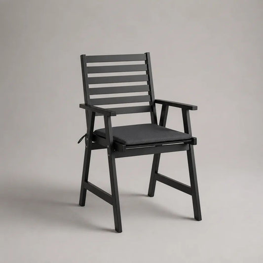 Sedia da giardino pieghevole in legno massello di acacia nero con braccioli e cuscino grigio scuro, 59 x 72 x 110 cm
