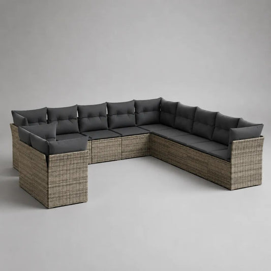 Divano modulare da esterno a U, 9 posti, in polyrattan PE beige con cuscini antracite, 320 x 260 x 74 cm
