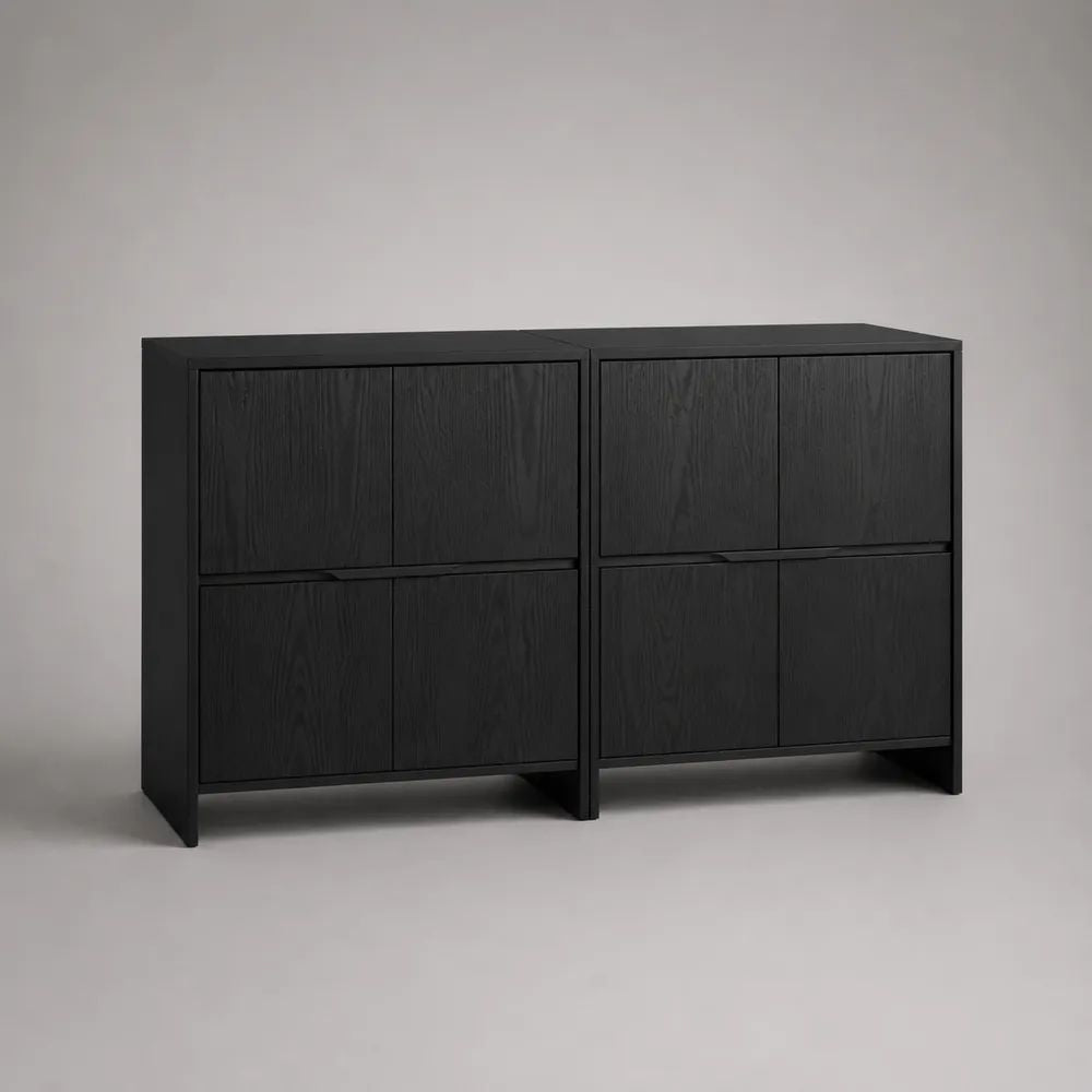 Credenza modulare in legno nero opaco con 8 ante, 160 × 40 × 85 cm