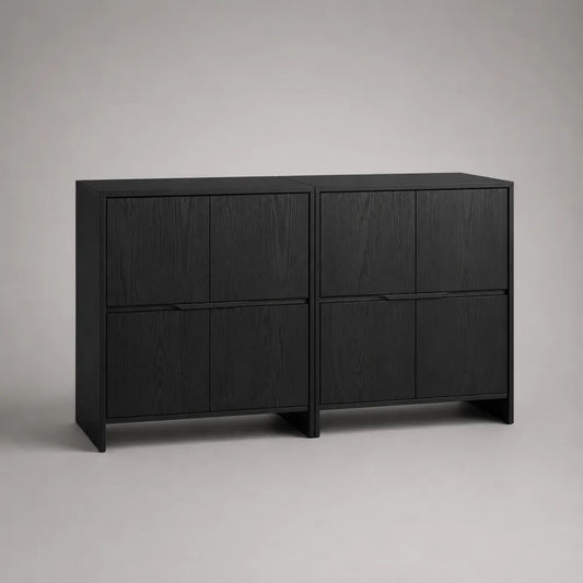 Credenza modulare in legno nero opaco con 8 ante, 160 × 40 × 85 cm