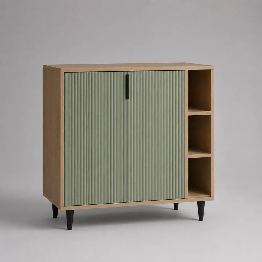 Credenza rettangolare verde salvia e rovere naturale 100 x 40 x 100 cm in MDF e pannello truciolare con 2 ante e 3 vani