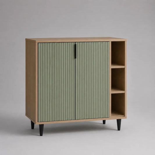 Credenza rettangolare verde salvia e rovere naturale 100 x 40 x 100 cm in MDF e pannello truciolare con 2 ante e 3 vani