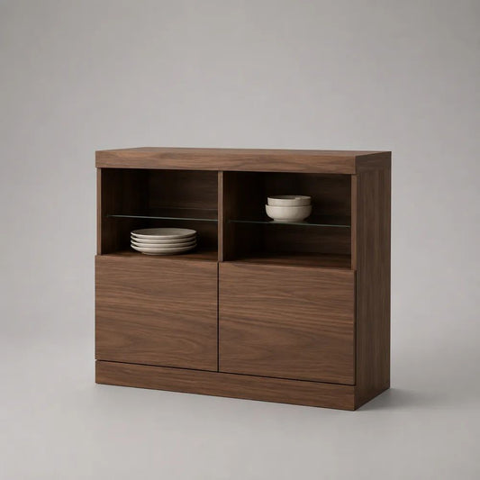 Credenza rettangolare in MDF impiallacciato noce marrone con 2 ante e 2 ripiani in vetro, 120 × 40 × 105 cm