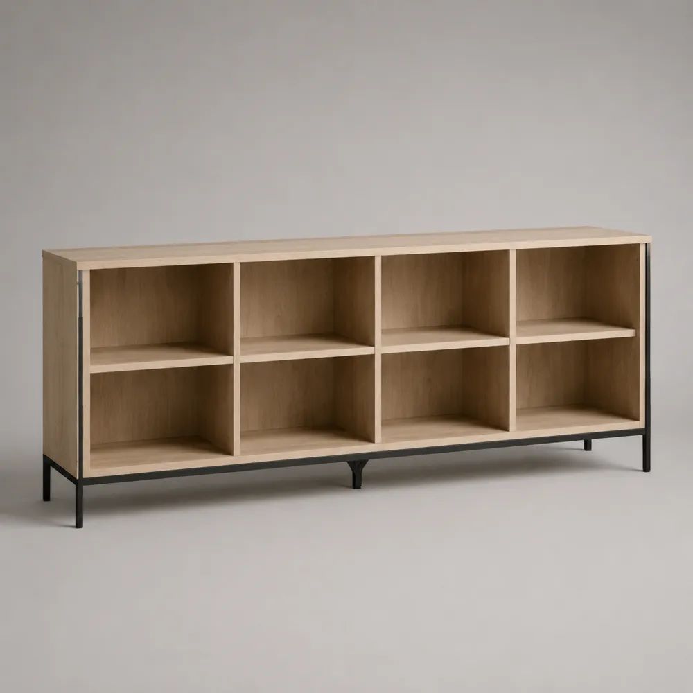 Scarpiera aperta rettangolare a 8 vani in legno e acciaio, rovere naturale e nero, 180 × 40 × 80 cm