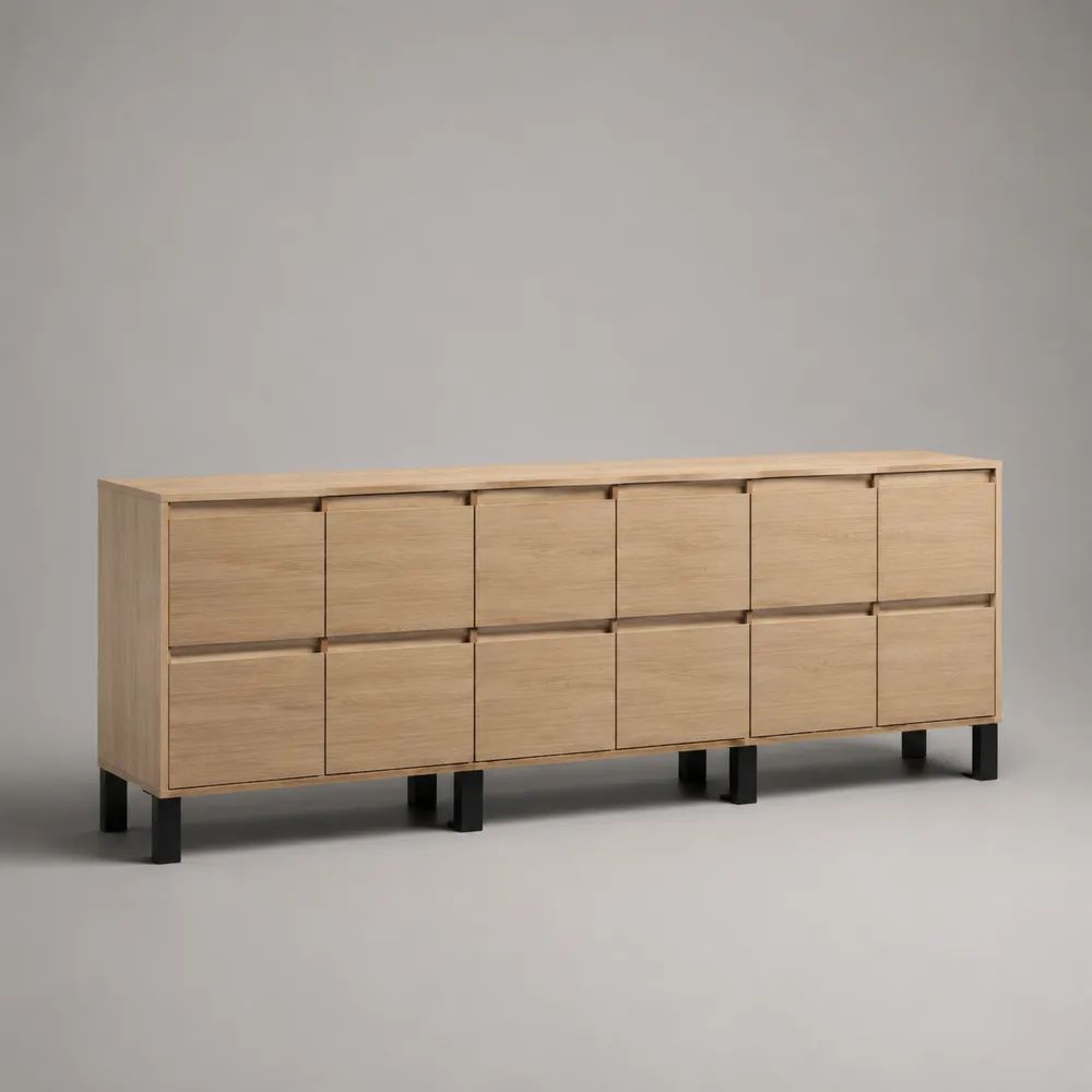 Credenza rettangolare con 12 cassetti in legno e metallo, rovere naturale e nero, 180 × 40 × 80 cm