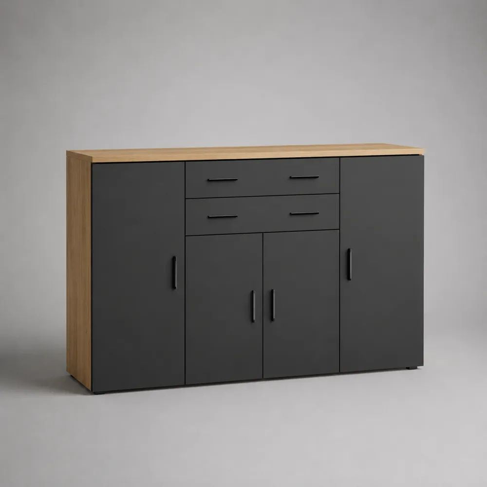 Credenza rettangolare in legno con 4 ante e 2 cassetti, antracite e rovere, 160 x 40 x 90 cm