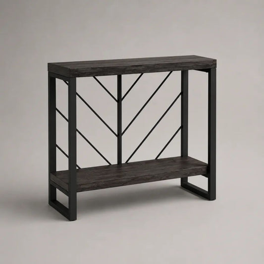 Consolle rettangolare in pannello truciolare e acciaio con 2 ripiani, marrone scuro e nero, 100 x 30 x 80 cm