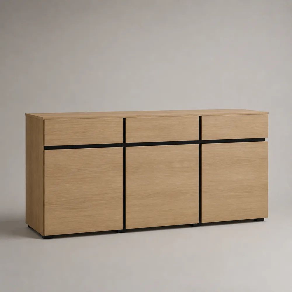 Madia credenza rettangolare in legno con 3 ante e 3 cassetti, rovere naturale e nero, 150 x 40 x 80 cm