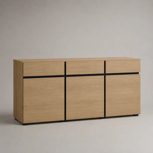 Madia credenza rettangolare in legno con 3 ante e 3 cassetti, rovere naturale e nero, 150 x 40 x 80 cm