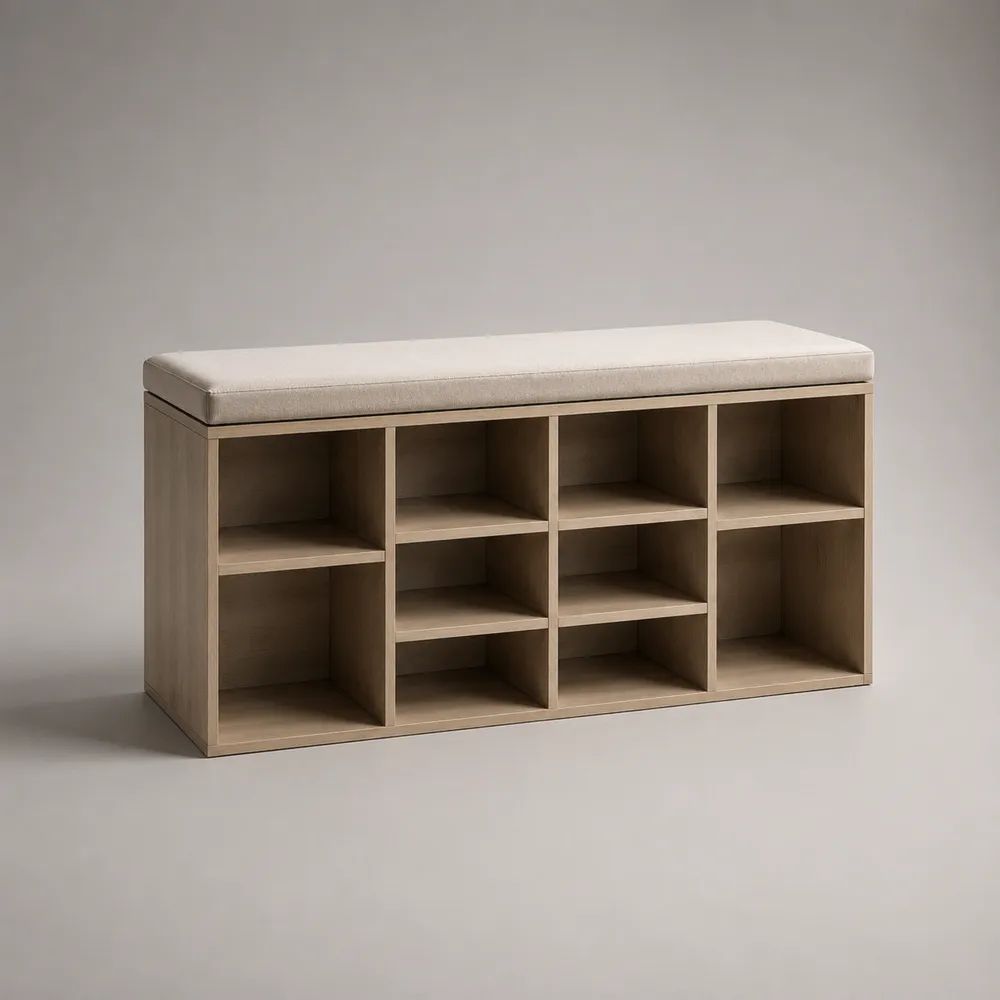 Panca scarpiera rettangolare con seduta imbottita e 10 vani, beige e marrone chiaro, 120 x 35 x 60 cm