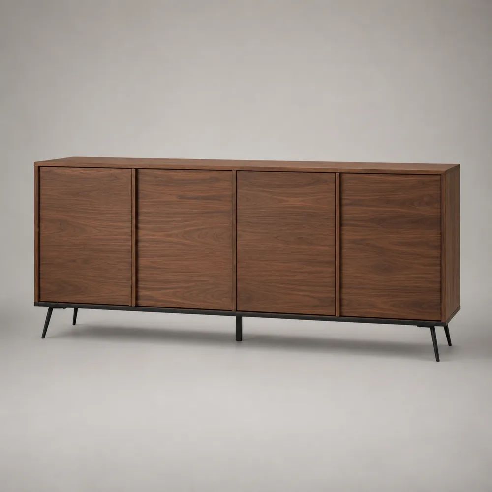 Credenza rettangolare a 4 ante in legno MDF effetto noce con gambe in acciaio nero, 180 x 40 x 80 cm
