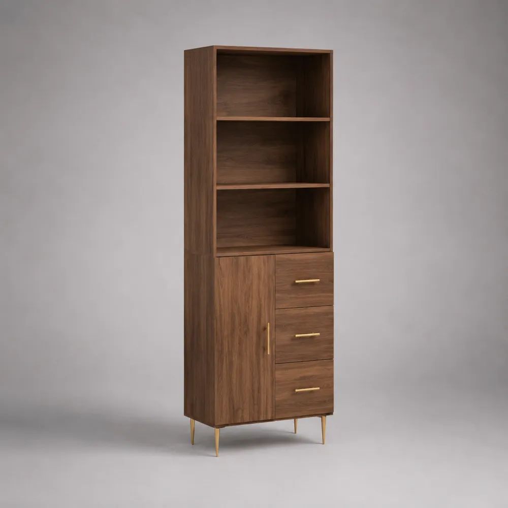Mobile contenitore alto rettangolare in MDF effetto noce con 3 cassetti, 1 anta e 2 ripiani, 70 x 40 x 190 cm