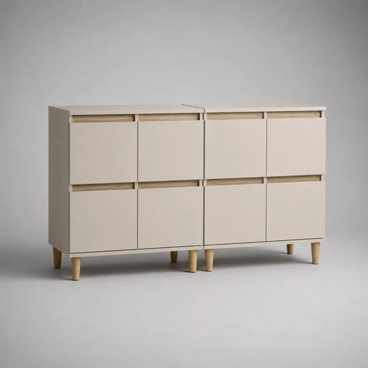 Set di 2 credenze in MDF melaminico con 8 ante, beige e rovere naturale, 80 x 35 x 95 cm ciascuna