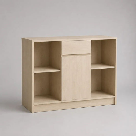 Credenza rettangolare in legno, rovere chiaro, con 4 vani aperti, 1 anta e 1 cassetto, 100 × 35 × 85 cm