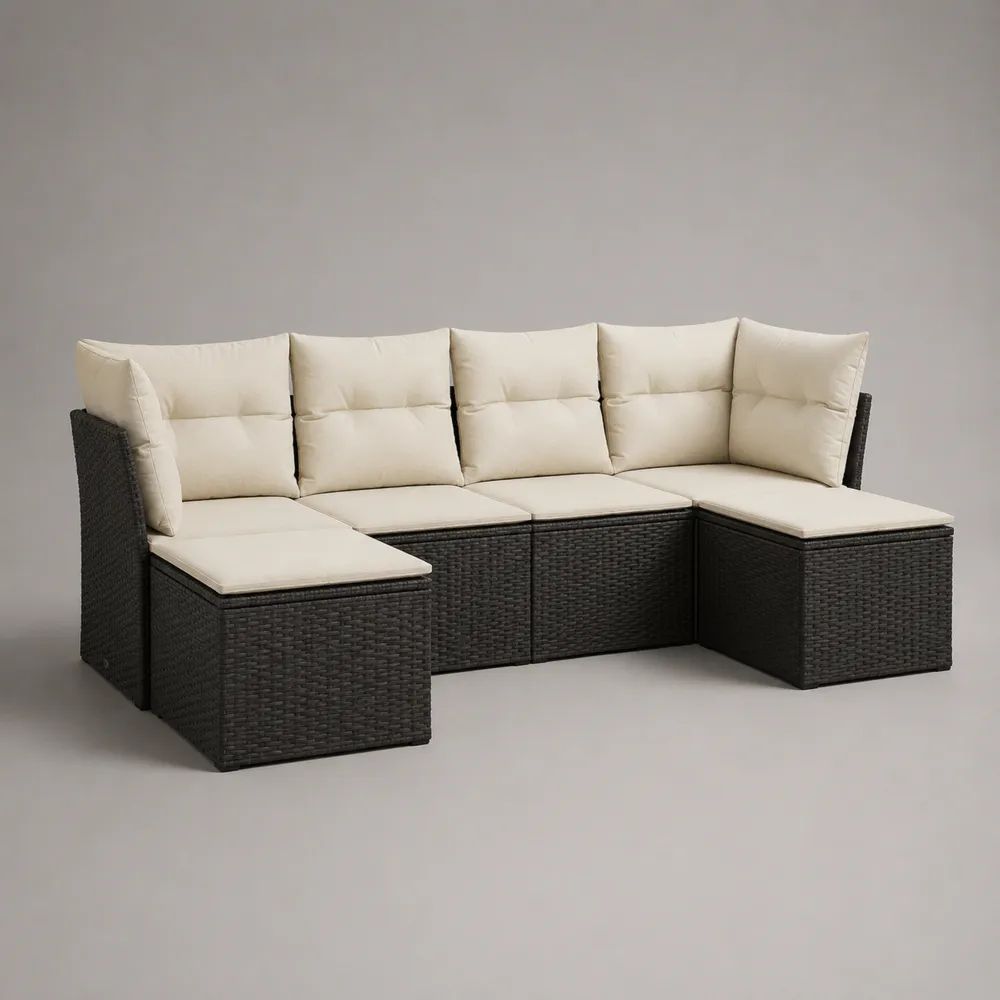 Divano da giardino modulare a U 7 pezzi in rattan e acciaio con cuscini crema, 300 x 120 x 74 cm