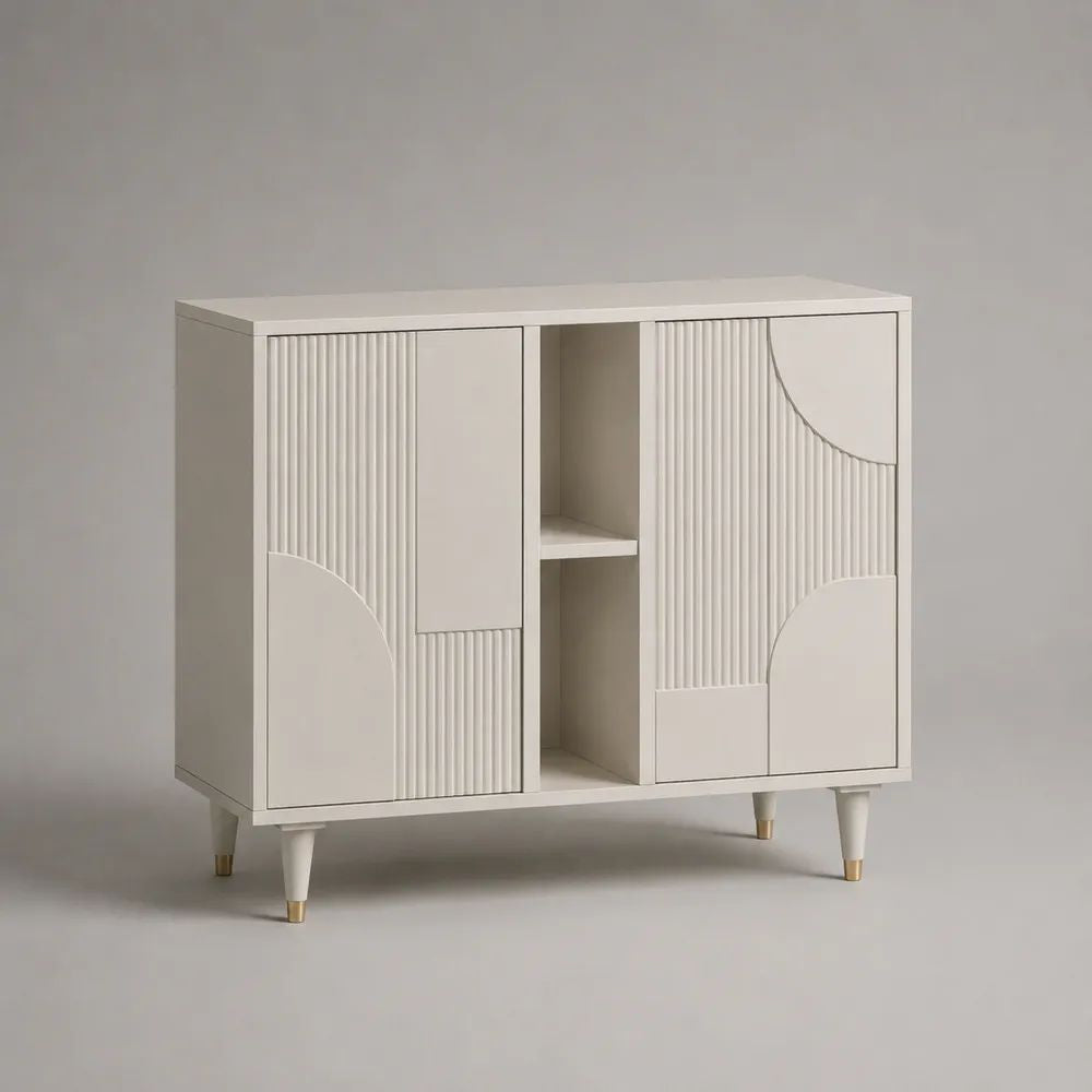 Credenza rettangolare in MDF avorio e oro con 2 ante e 2 vani aperti, 120 x 40 x 100 cm