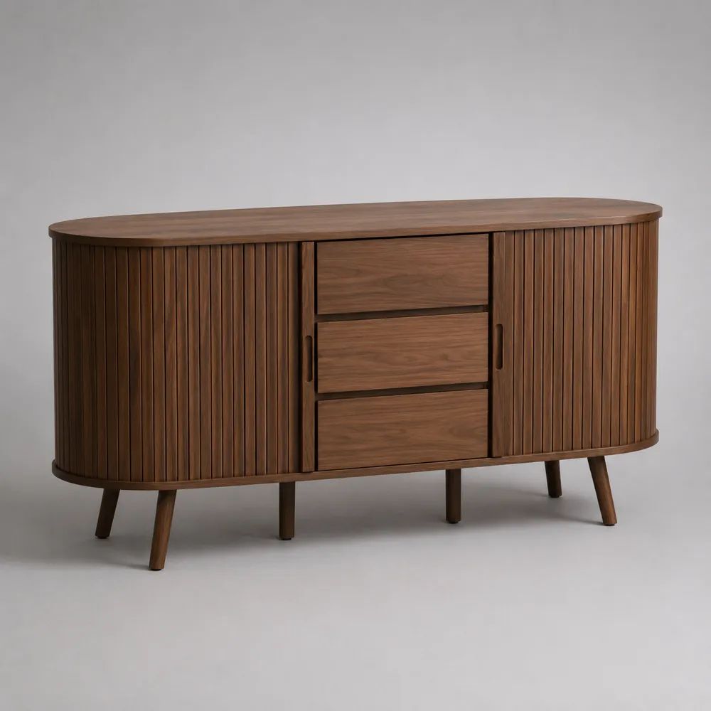 Credenza in legno con 2 ante scanalate e 3 cassetti, Marrone noce, 150 x 40 x 80 cm