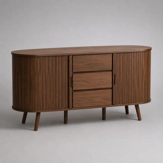 Credenza in legno con 2 ante scanalate e 3 cassetti, Marrone noce, 150 x 40 x 80 cm