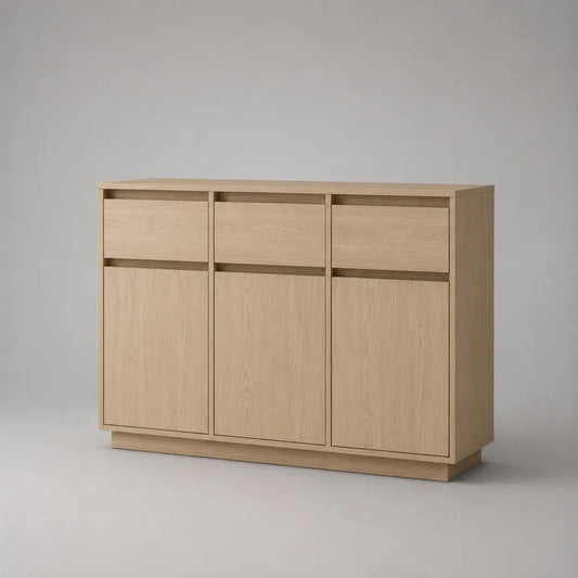 Credenza buffet rettangolare in MDF impiallacciato rovere naturale con 3 ante e 3 cassetti, 120 x 40 x 90 cm, beige chiaro